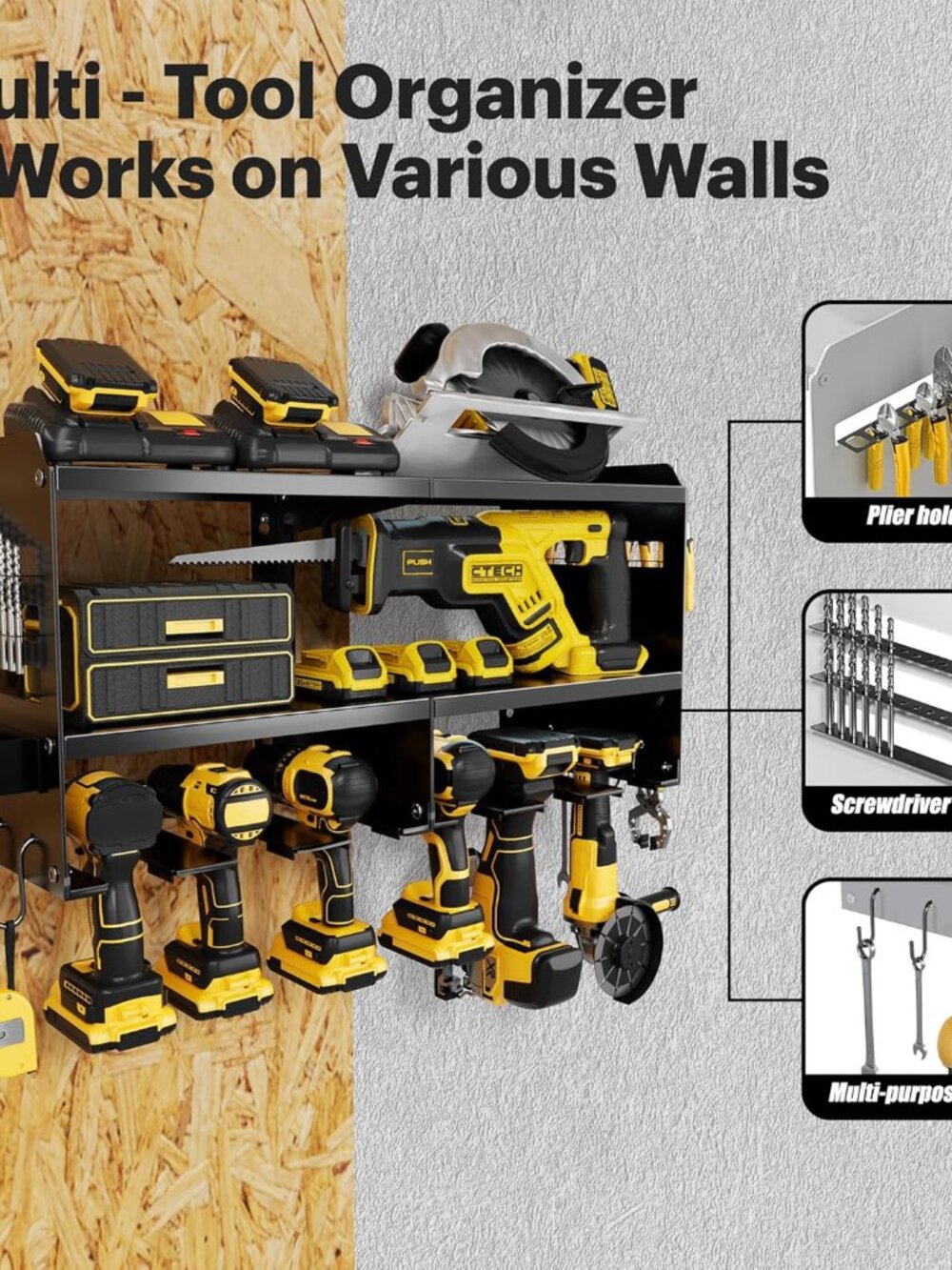 Power Tool Organizer Wall Mount with Charging Station, 3 Layer Heavy Duty Metal - Picture 5 of 8